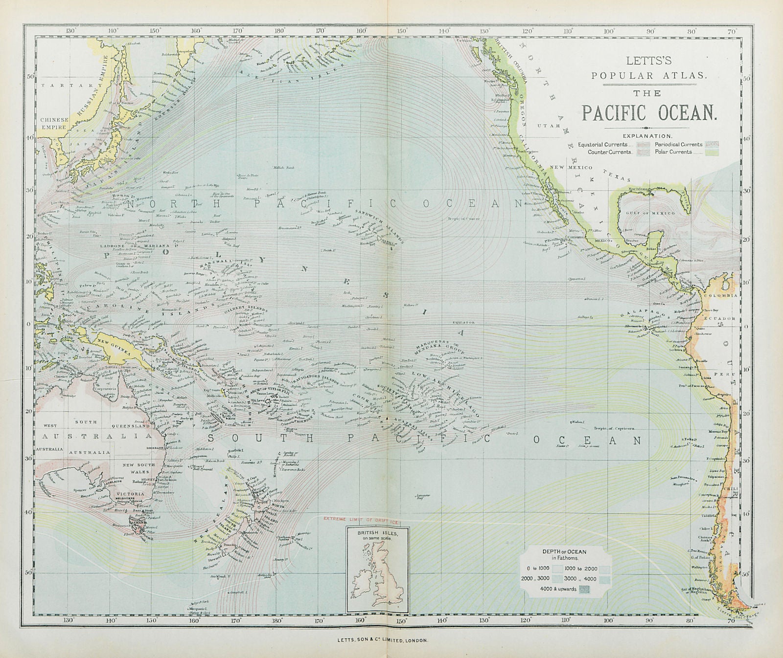 PACIFIC OCEAN & ISLANDS. Australasia. Currents. LETTS 1883 old antique map